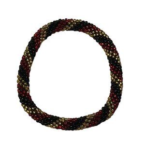Sashka Bracelet Handmade Bohemian Chic Crochet Beaded Roll-On Red Black Gold 3"